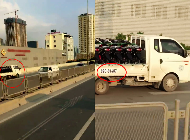 Xã hội - Hà Nội: Xe tải chở xe máy chạy ngược chiều ở đường trên cao