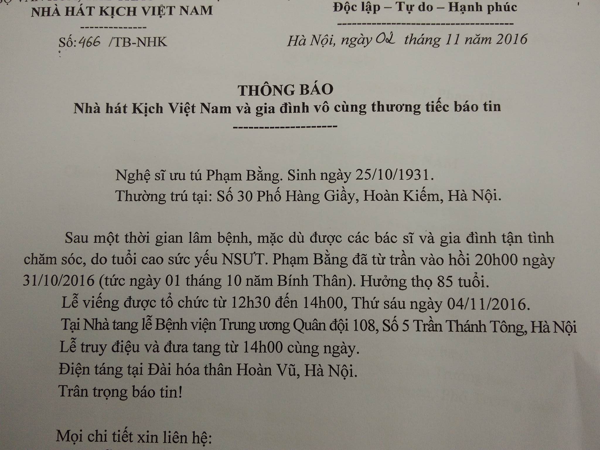 Ngôi sao - Thông tin chính thức về lễ tang nghệ sĩ Phạm Bằng