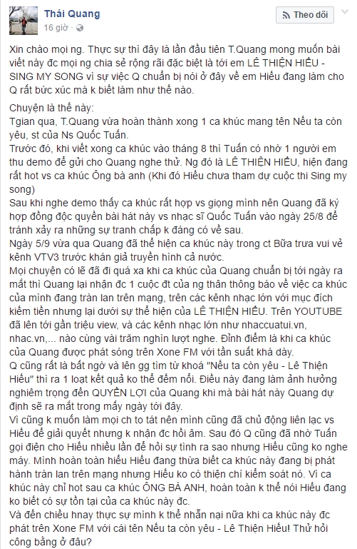 Ngôi sao - Thái Quang The Voice: Tôi không 'tố' Lê Thiện Hiếu 'ăn cắp' nhạc