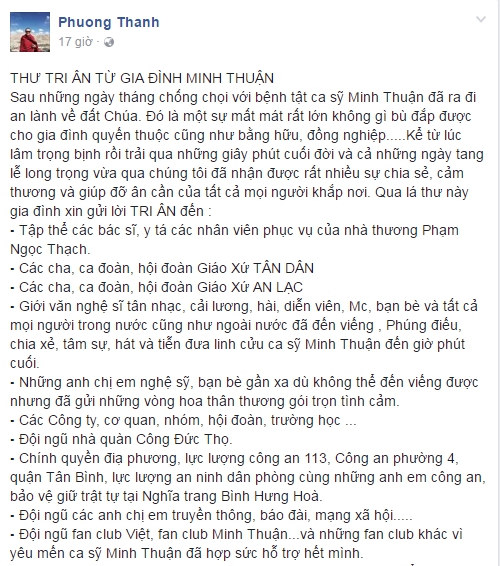 Ngôi sao - Gia đình gửi thư tri ân sau lễ tang ca sĩ Minh Thuận (Hình 2).