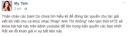 Âm nhạc - Mỹ Tâm tuyên bố khóa MV 'Anh thì không' vì lùm xùm bản quyền (Hình 2).