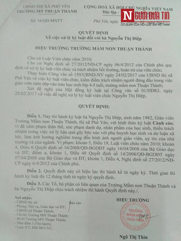 Giáo dục - Thái Nguyên: Kỷ luật giáo viên ném dép tím mặt học sinh mầm non