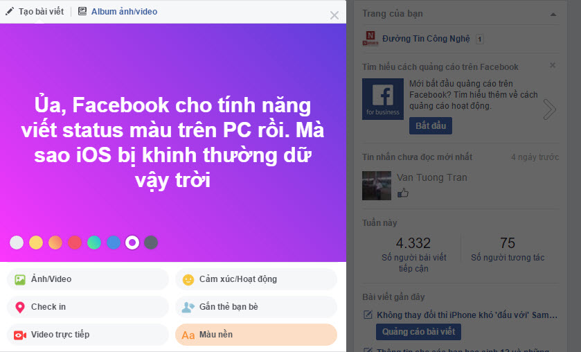 Công nghệ - Facebook cho phép người dùng PC đăng status kèm màu nền