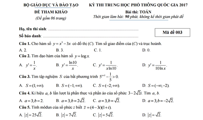 Giáo dục - Đề thi thử môn Toán THPT Quốc gia 2017 mới nhất