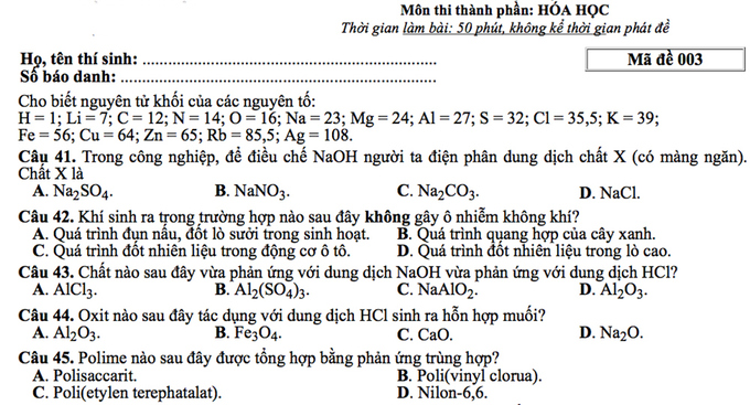 Giáo dục - Đề thi minh họa môn Hóa học THPT Quốc gia 2017 mới nhất