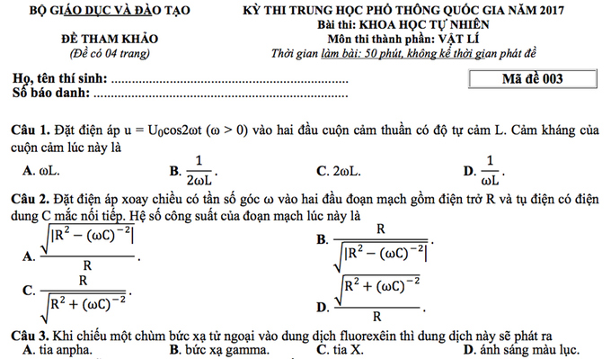 Giáo dục - Đề thi minh họa môn Vật lý THPT Quốc gia 2017 mới nhất