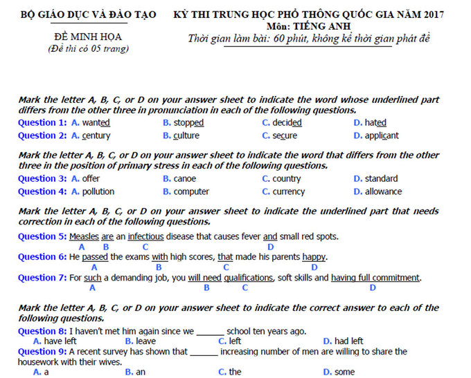 Giáo dục - Đề thi thử môn tiếng Anh THPT Quốc gia 2017 mới nhất