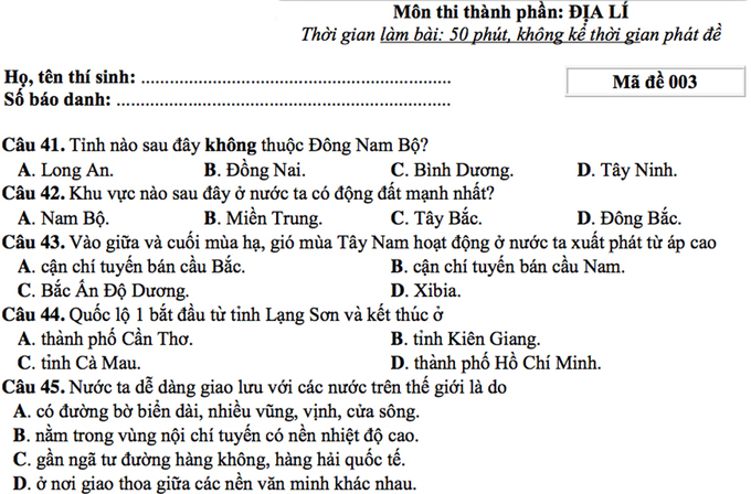 Giáo dục - Đề thi minh họa thử nghiệm môn Địa lý THPT Quốc gia 2017 mới nhất