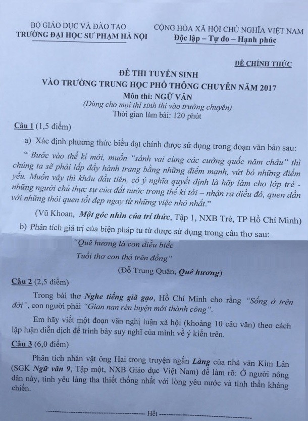 Giáo dục - Đáp án đề thi môn Văn chuyên lớp 10 tại Hà Nội