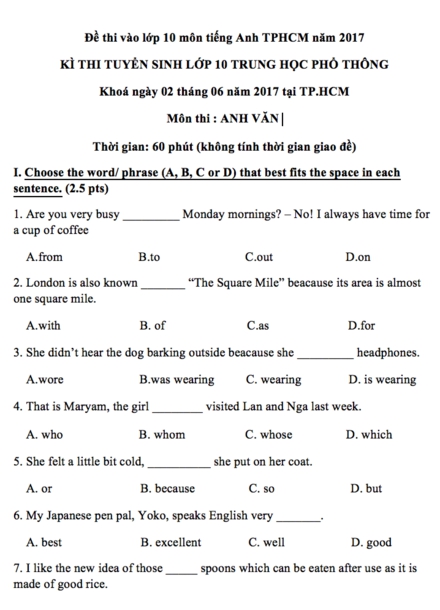 Giáo dục - Đề thi, đáp án môn tiếng Anh vào lớp 10 tại TP.HCM