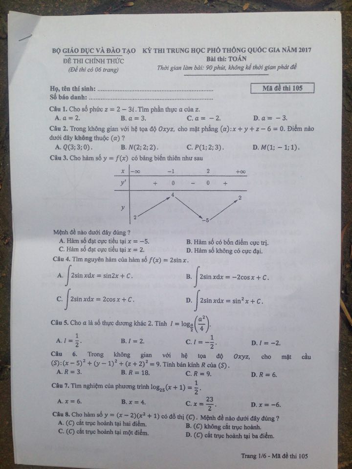 Giáo dục - Đề thi môn Toán THPT Quốc gia 2017 chính thức mã đề 105