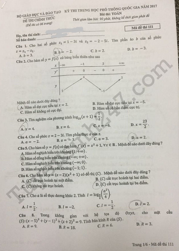 Giáo dục - Đề thi và đáp án môn Toán THPT Quốc gia 2017 chính thức mã đề 111