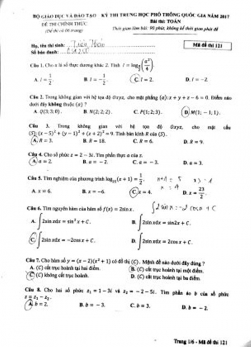 Giáo dục - Đề thi và đáp án môn Toán mã đề 121 THPT Quốc gia năm 2017