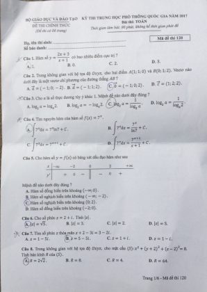 Giáo dục - Đề thi và đáp án môn Toán THPT Quốc gia 2017 chính thức mã đề 120