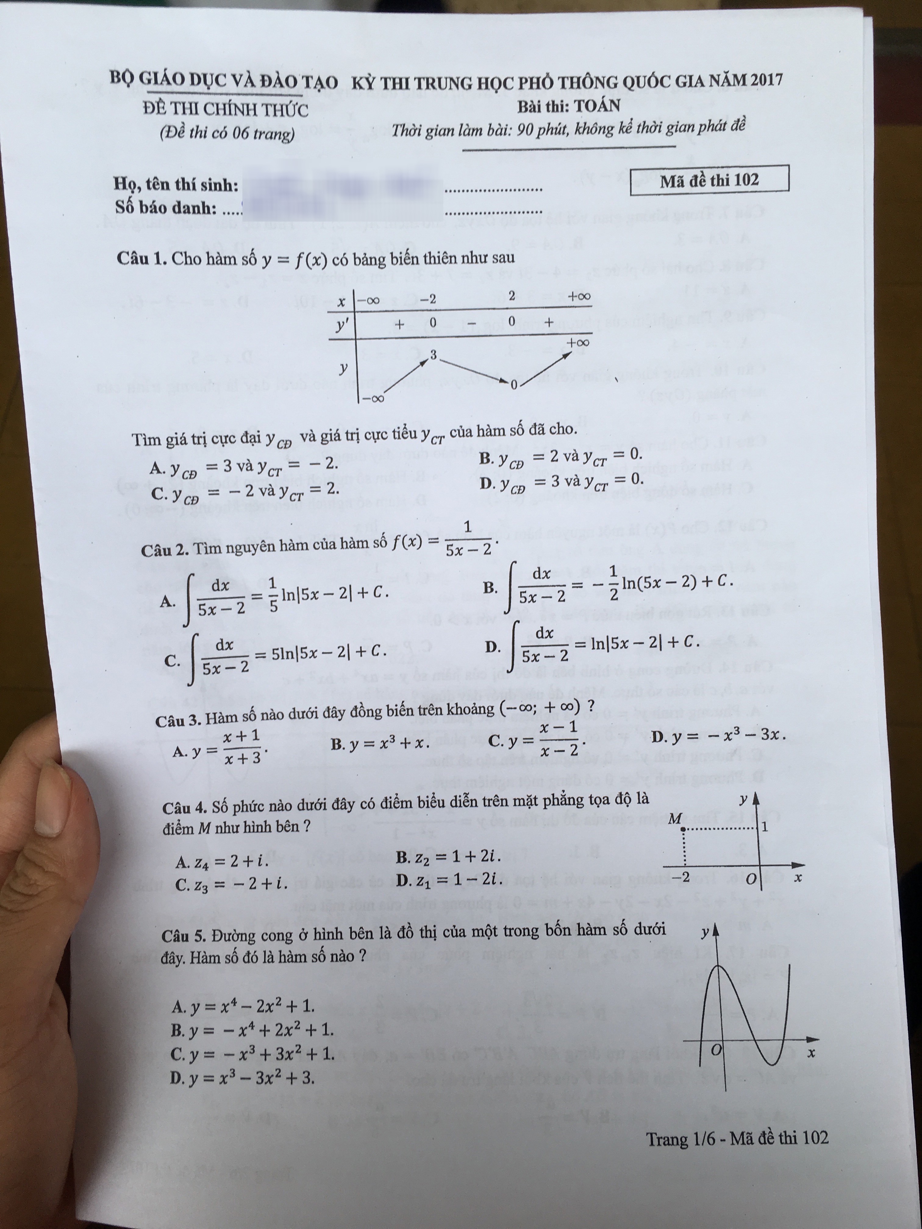 Xã hội - Đề thi và đáp án môn Toán THPT Quốc gia chính thức mã đề 102