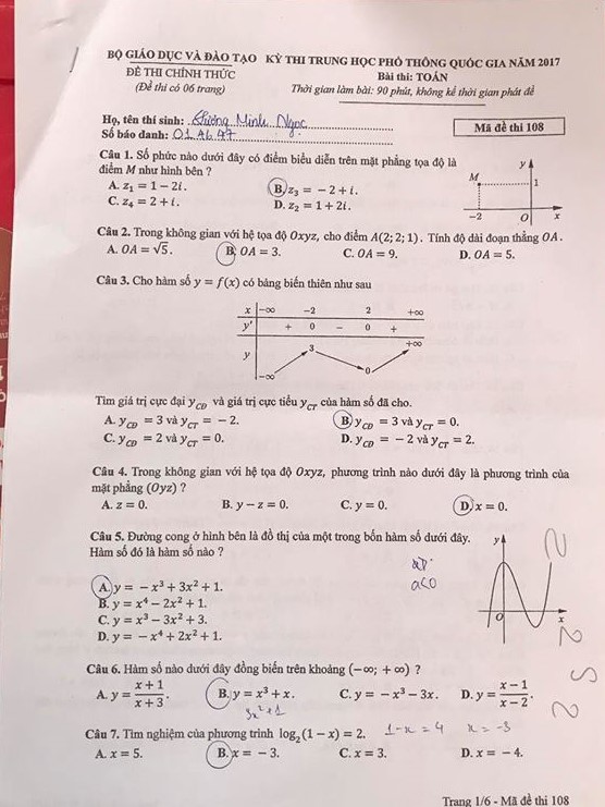 Giáo dục - Đề thi môn Toán THPT Quốc gia 2017 chính thức mã đề 108