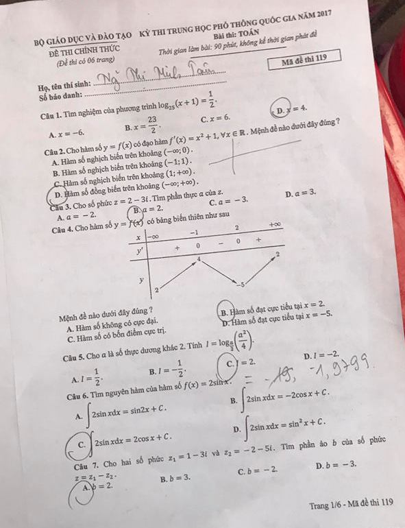Giáo dục - Đề thi môn Toán THPT Quốc gia 2017 chính thức mã đề 119