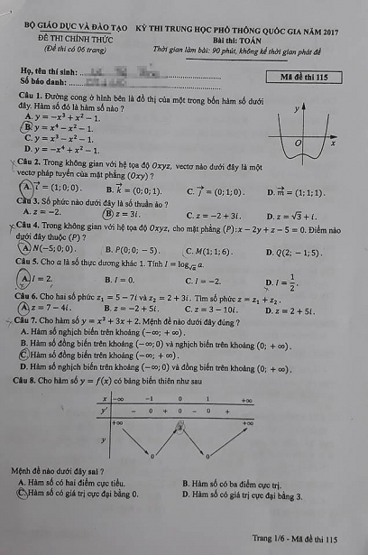 Giáo dục - Đề thi môn Toán THPT Quốc gia 2017 chính thức mã đề 115