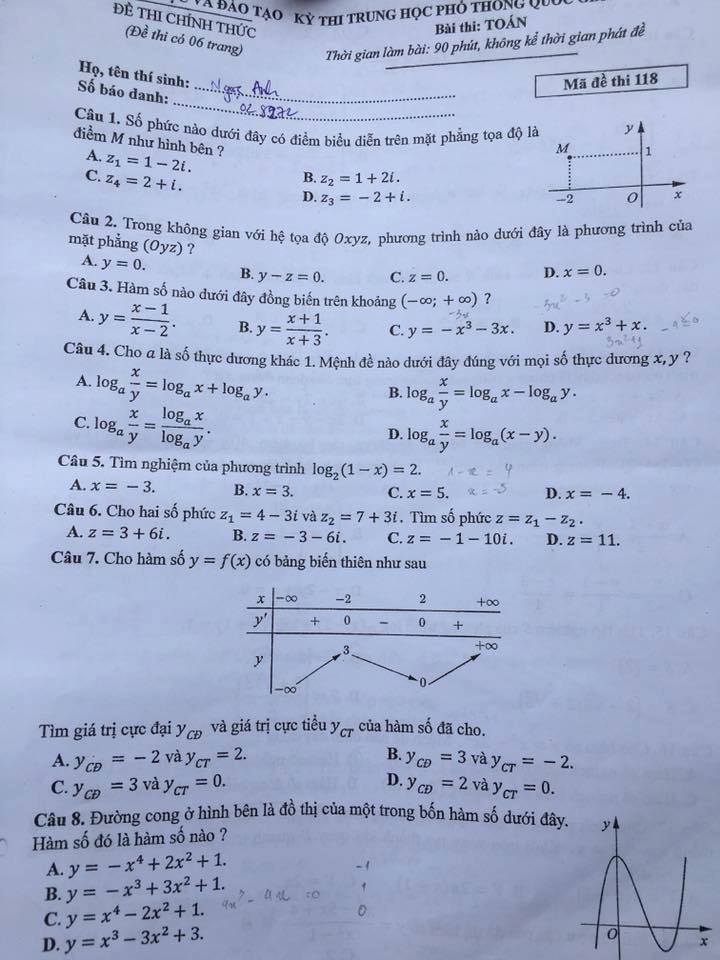 Giáo dục - Đề thi môn Toán THPT Quốc gia 2017 chính thức mã đề 118