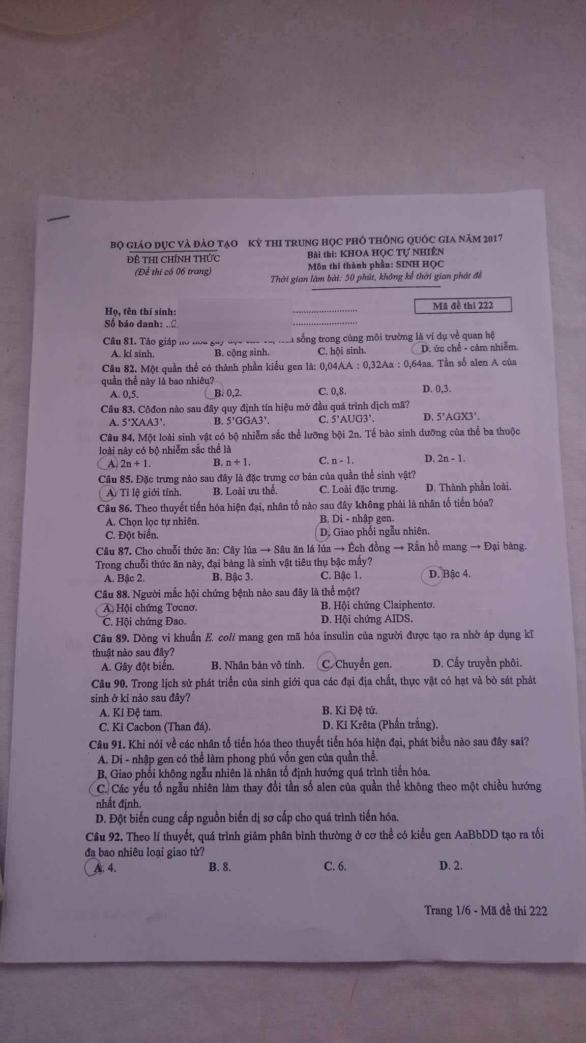 Giáo dục - Đề thi tổ hợp Khoa học tự nhiên Vật lý - Hóa học - Sinh học mã 222