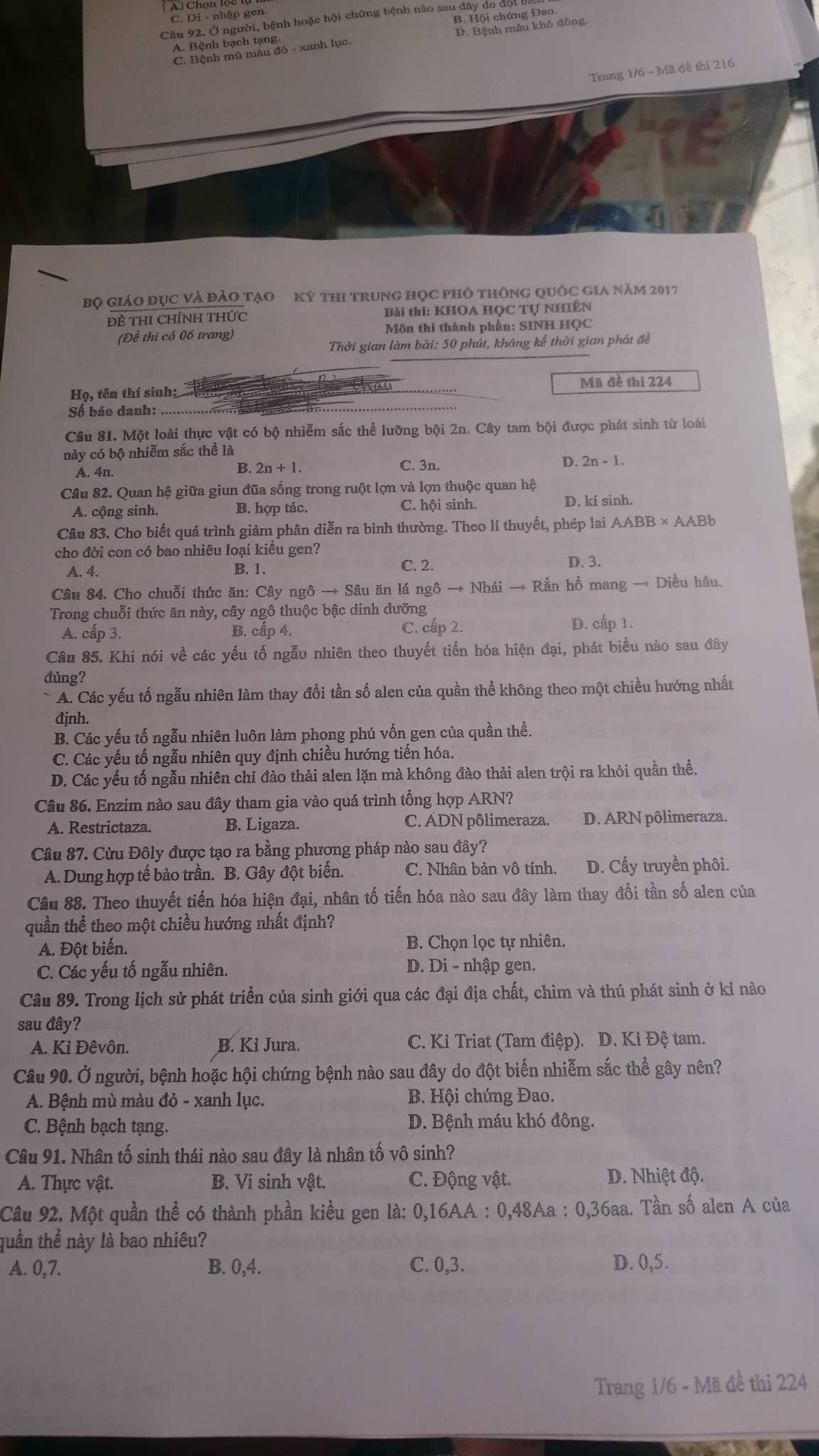 Giáo dục - Đáp án đề thi Khoa học Tự nhiên Lý - Hóa - Sinh học mã 224