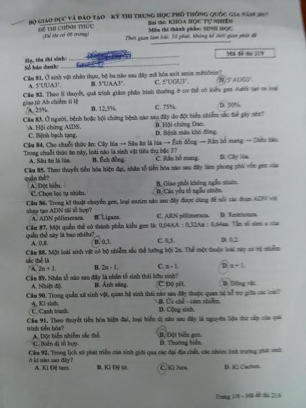 Giáo dục - Đề thi tổ hợp Khoa học Tự nhiên Vật lý - Hóa học - Sinh học mã 219