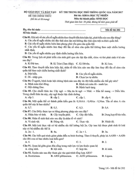 Giáo dục - Đề thi tổ hợp Khoa học tự nhiên Vật lý - Hóa học - Sinh học mã 202