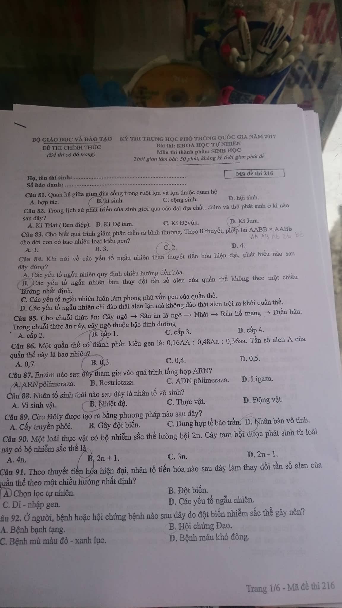 Giáo dục - Đề thi tổ hợp Khoa học tự nhiên Vật lý - Hóa học - Sinh học mã 216