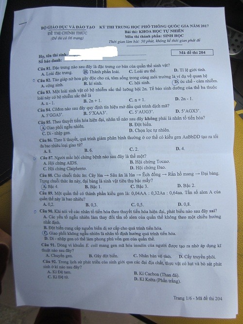 Giáo dục - Đáp án, đề thi Khoa học tự nhiên Vật lý - Hóa học - Sinh học mã 204