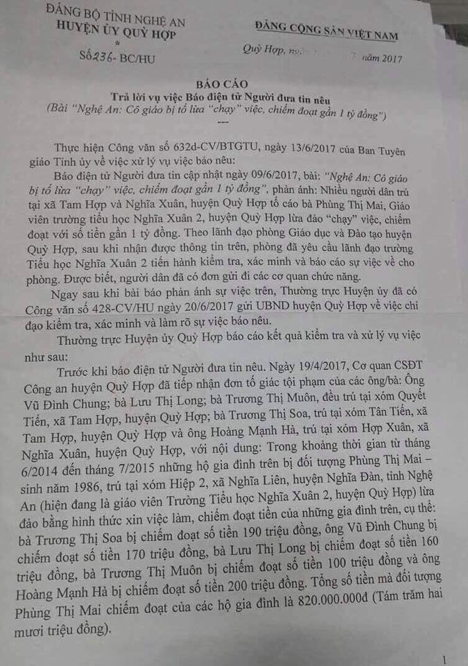 An ninh - Hình sự - Nghệ An: Phản hồi vụ cô giáo lừa chạy việc, chiếm đoạt gần 1 tỷ đồng