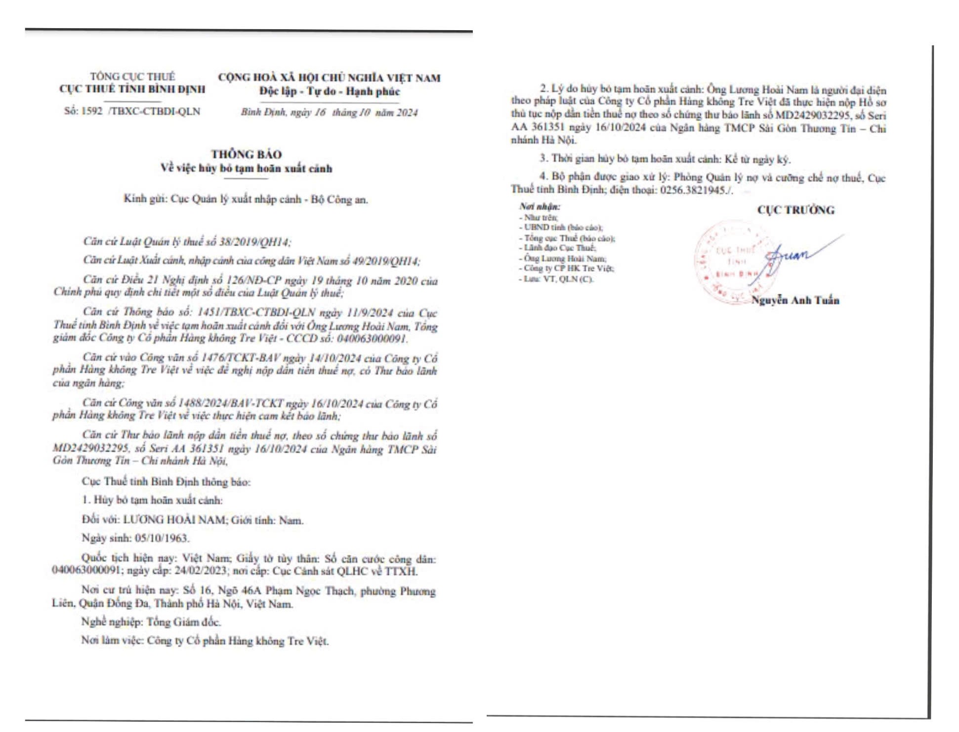 Thông báo của Cục Thuế tỉnh Bình Định về việc hủy bỏ việc hoãn xuất cảnh đối với ông Lương Hoài Nam - Giám đốc của Bamboo Airways. Thông báo của Cục Thuế tỉnh Bình Định về việc hủy bỏ việc hoãn xuất cảnh đối với ông Lương Hoài Nam - Giám đốc của Bamboo Airways.