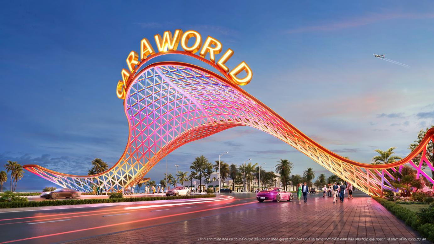 Sắp ra mắt siêu đô thị trái tim Caraworld, "hàng xóm chung vách" với sân bay quốc tế Cam Ranh- Ảnh 2. A large arch with neon lights Description automatically generated with medium confidence