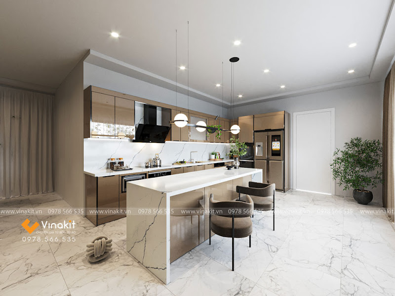 A kitchen with marble floor and marble counter tops  Description automatically generated