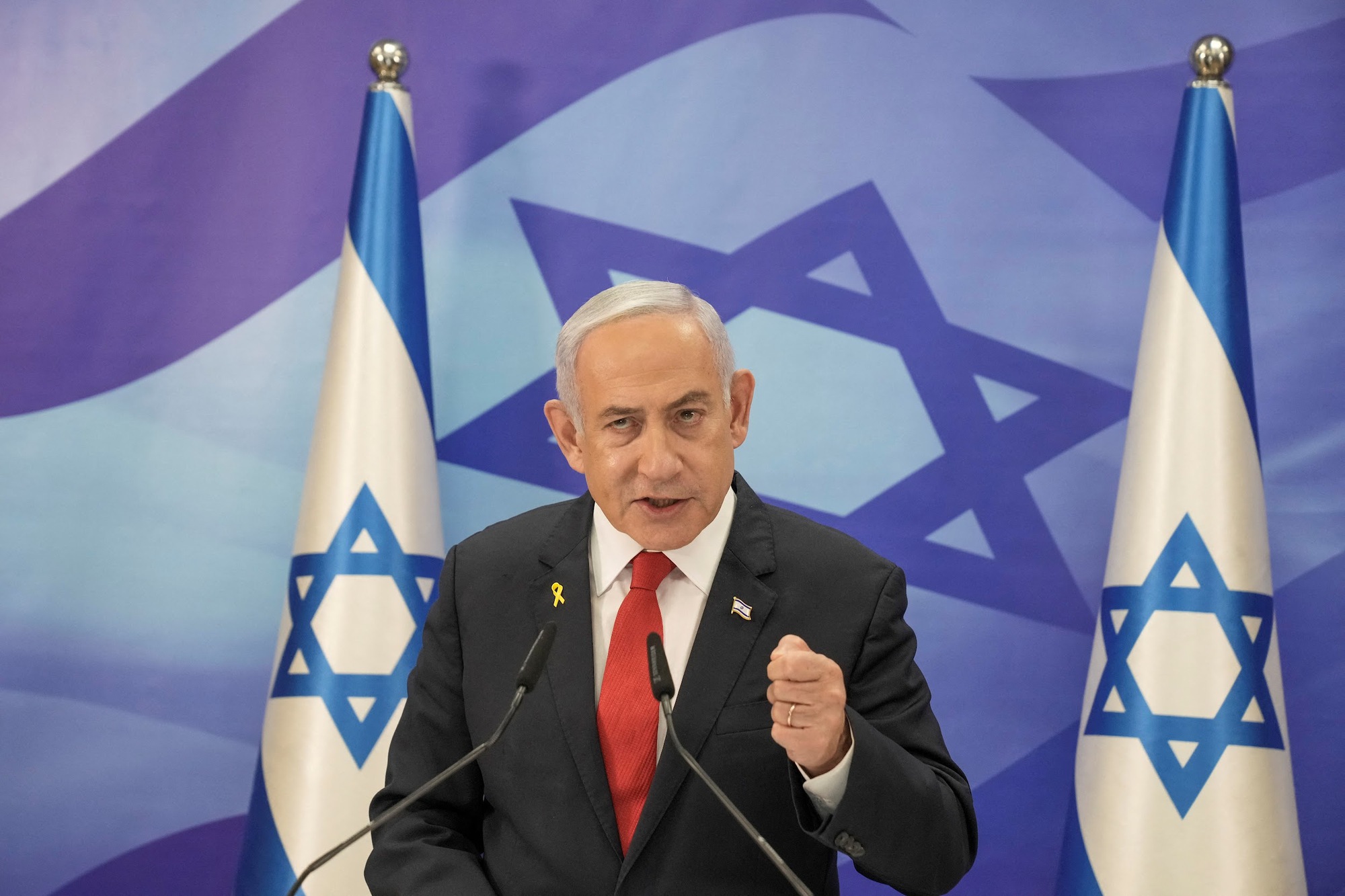 Israeli Prime Minister Benjamin Netanyahu speaks during a press conference in Jerusalem