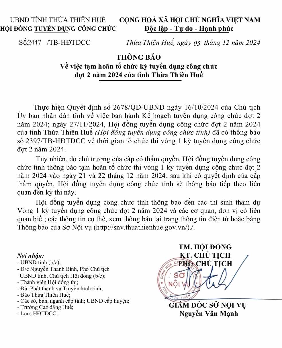 Thừa Thiên-Huế hoãn tổ chức kỳ tuyển dụng công chức năm 2024- Ảnh 1. Thừa Thiên-Huế hoãn tổ chức kỳ tuyển dụng công chức năm 2024- Ảnh 1.