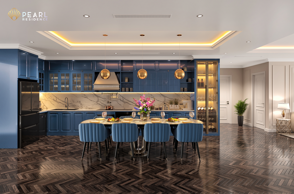 A dining room with a table and chairs  Description automatically generated