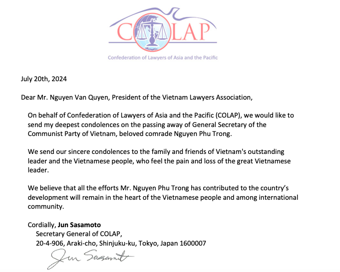 Hội Luật gia Châu Á - Thái Bình Dương gửi điện chia buồn Tổng Bí thư Nguyễn Phú Trọng từ trần- Ảnh 1.