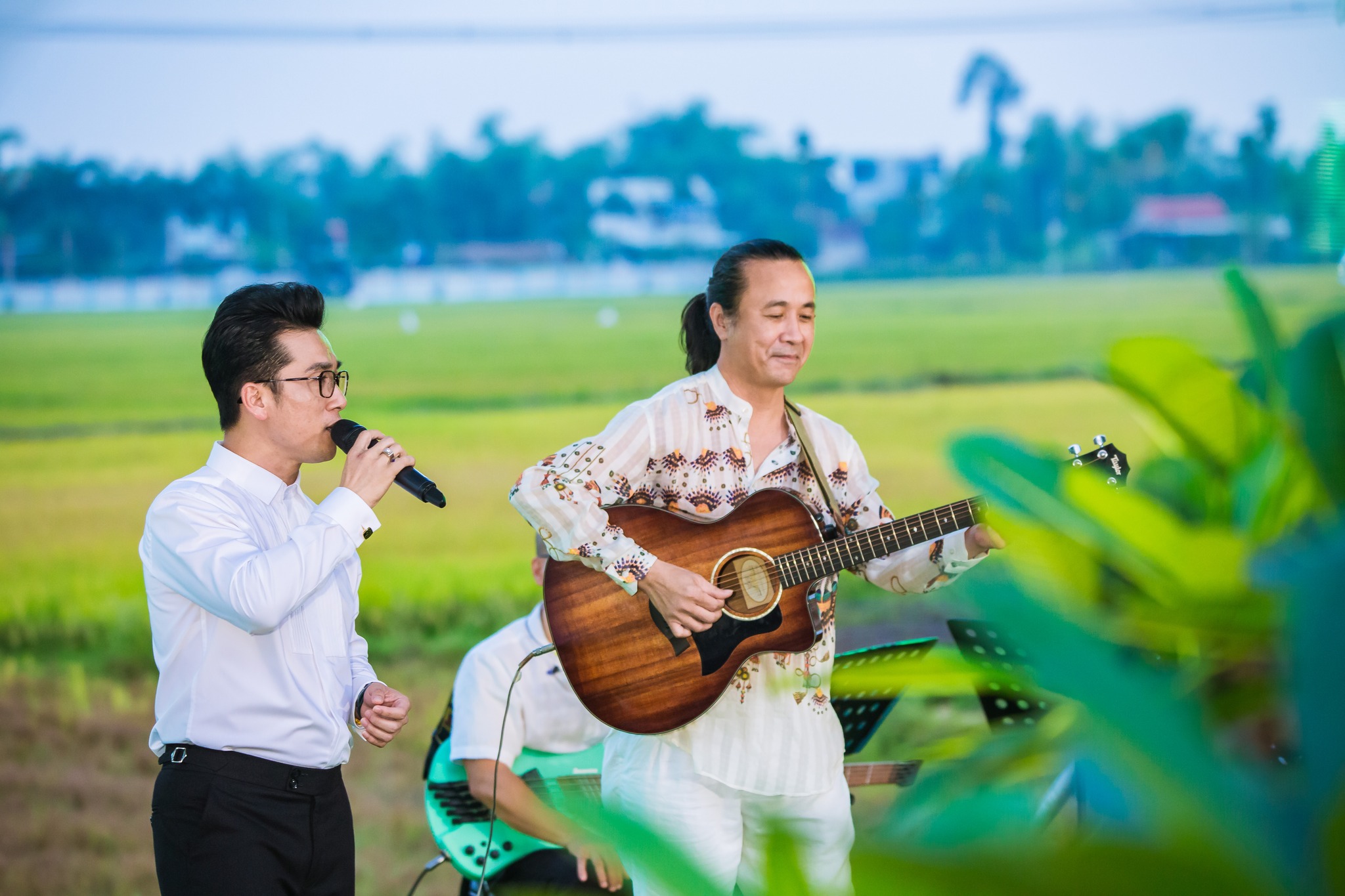 Nhạc sĩ Lê Minh Sơn và Quang Hào hát trên cánh đồng vàng ở huyện Hòa Vang.