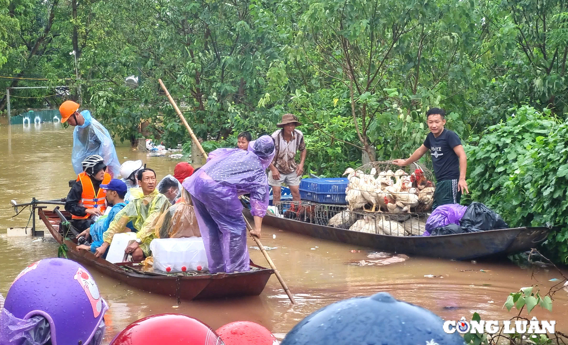 Người dân vận chuyển đồ đạc, tài sản di chuyển ra khỏi vùng nước ngập sáng nay (10/9). Ảnh: Quang Hùng