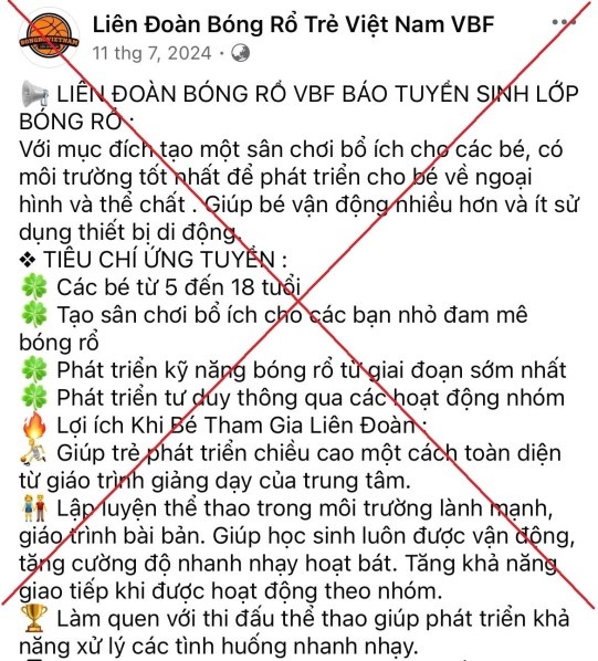 Cơ quan công an khuyến cáo người dân cảnh giác khi đăng kí học bóng rổ trên mạng.