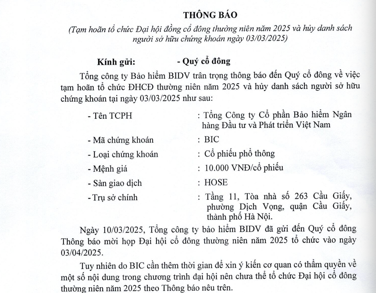 Bảo hiểm BIDV hoãn tổ chức ĐHĐCĐ thường niên 2025- Ảnh 1.