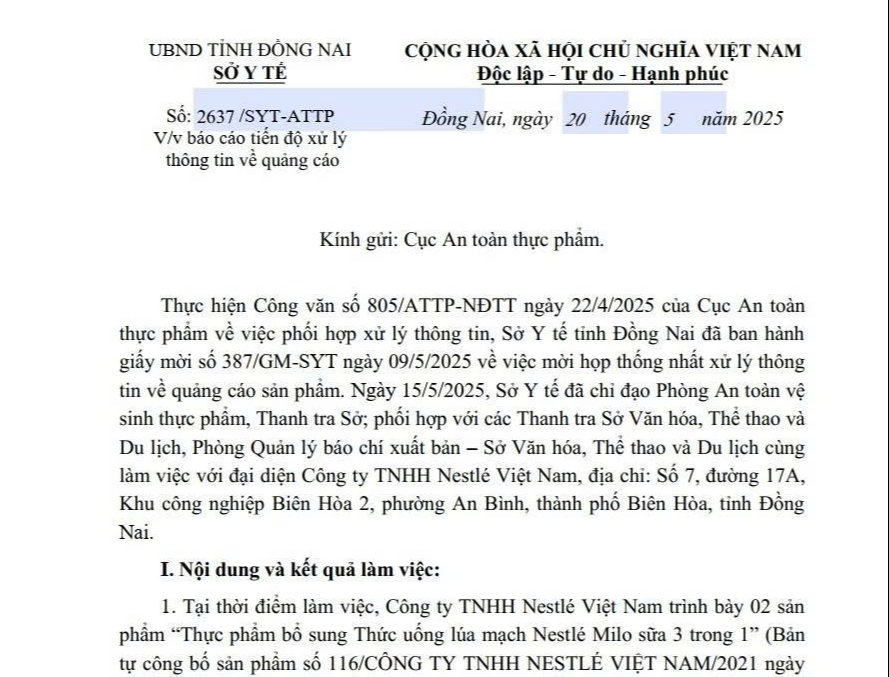 Sở Y tế Đồng Nai vào cuộc làm rõ quảng cáo sữa Milo, yêu cầu giải trình trước ngày 22/5- Ảnh 1. Sở Y tế Đồng Nai vào cuộc làm rõ quảng cáo sữa Milo, yêu cầu giải trình trước ngày 22/5- Ảnh 1.
