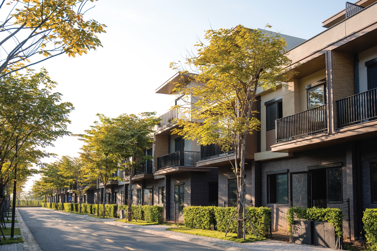 Đại đô thị tích hợp Izumi City: Nơi tổ ấm thăng hoa cùng nhịp phát triển vùng- Ảnh 1. A row of buildings with trees on the side of the road AI-generated content may be incorrect.