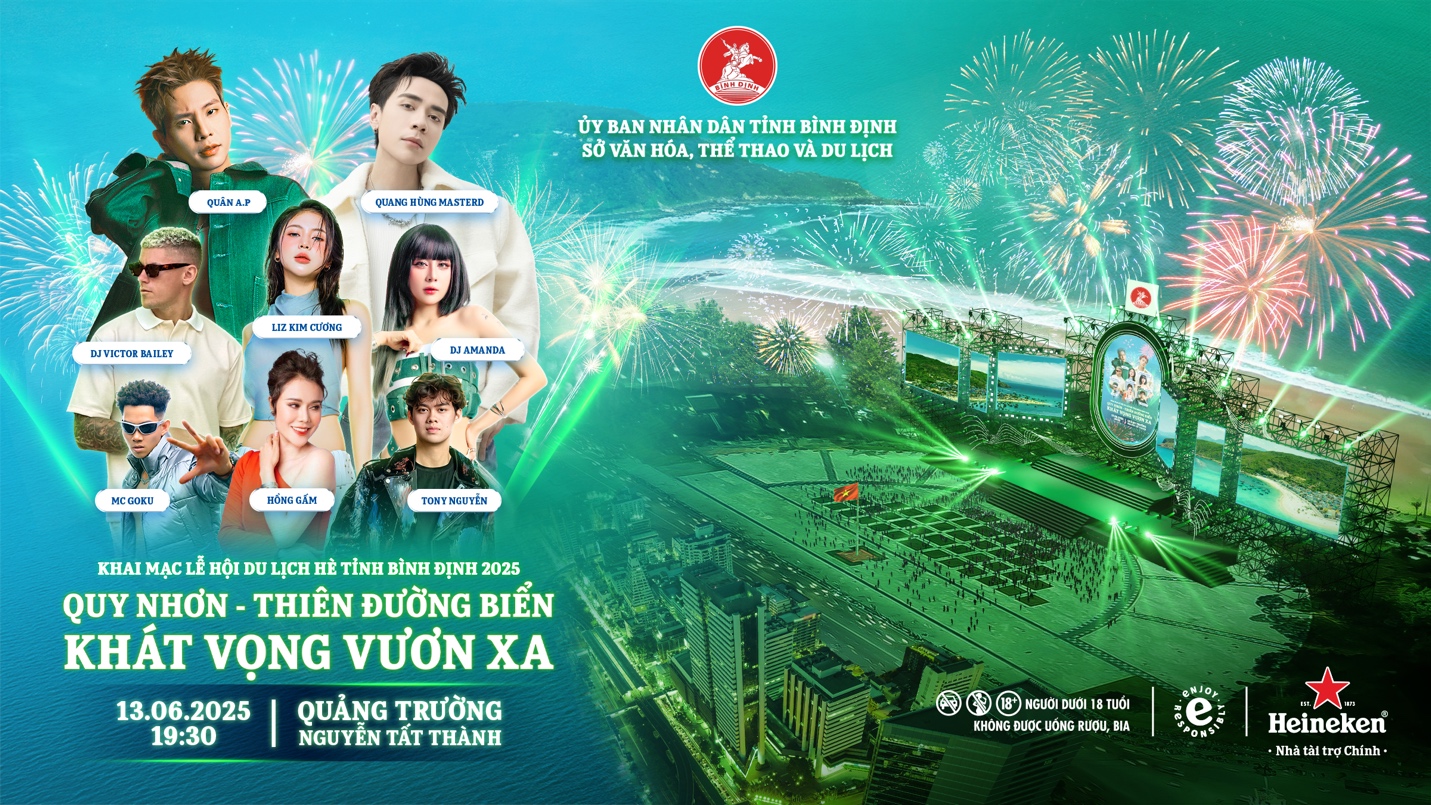 Bình Định khai màn lễ hội du lịch hè 2025 với đêm nghệ thuật đặc sắc tại Quy Nhơn- Ảnh 1. A poster of a group of people AI-generated content may be incorrect.