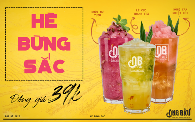 Cà Phê Ông Bầu ra mắt bộ sưu tập thức uống mới- Ảnh 1. A group of drinks on a yellow background AI-generated content may be incorrect.