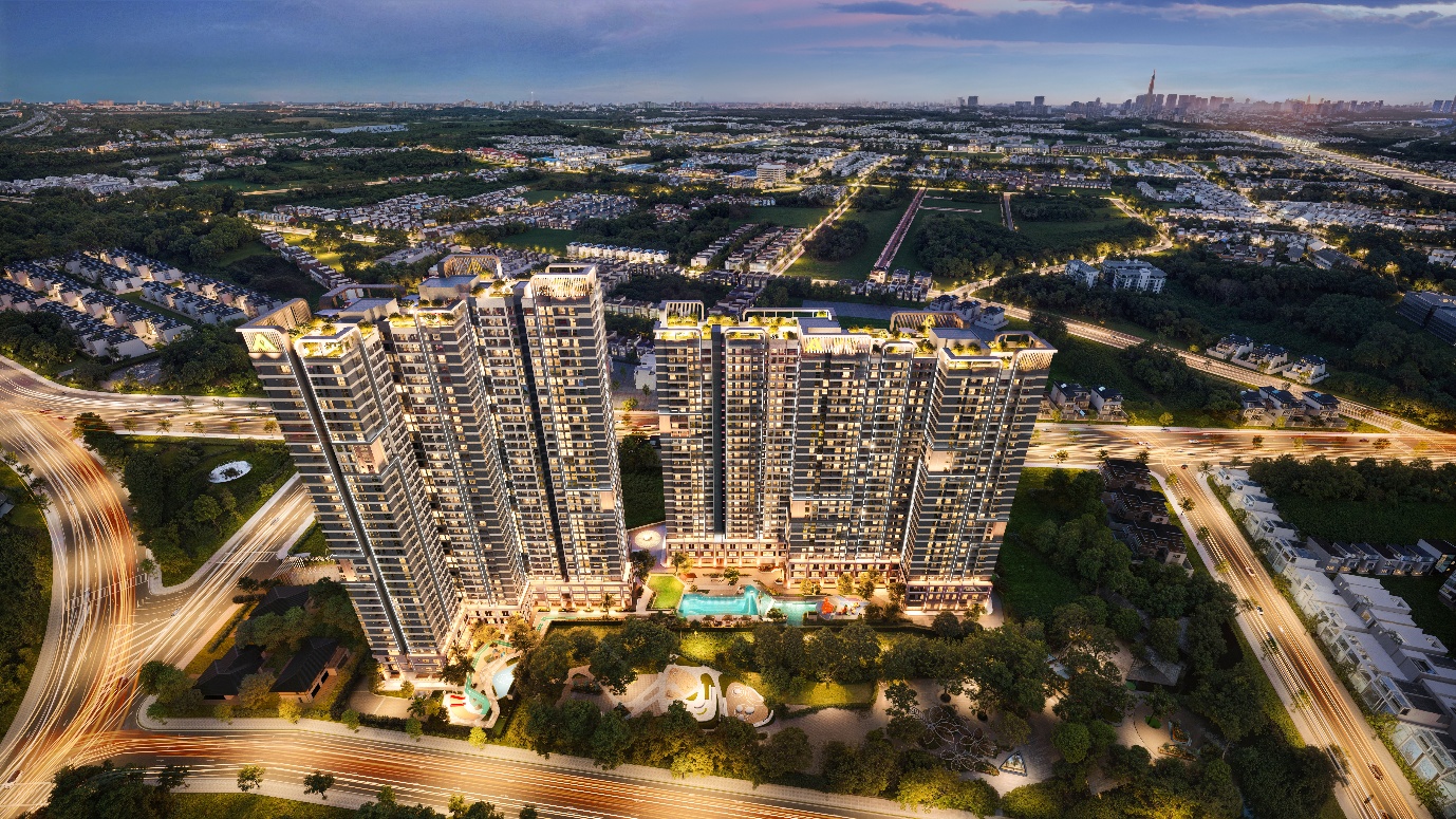 Sắp lộ diện căn hộ Nhật hiện đại bậc nhất tại tháp Orion – TT AVIO- Ảnh 1. A high rise buildings with lights AI-generated content may be incorrect.