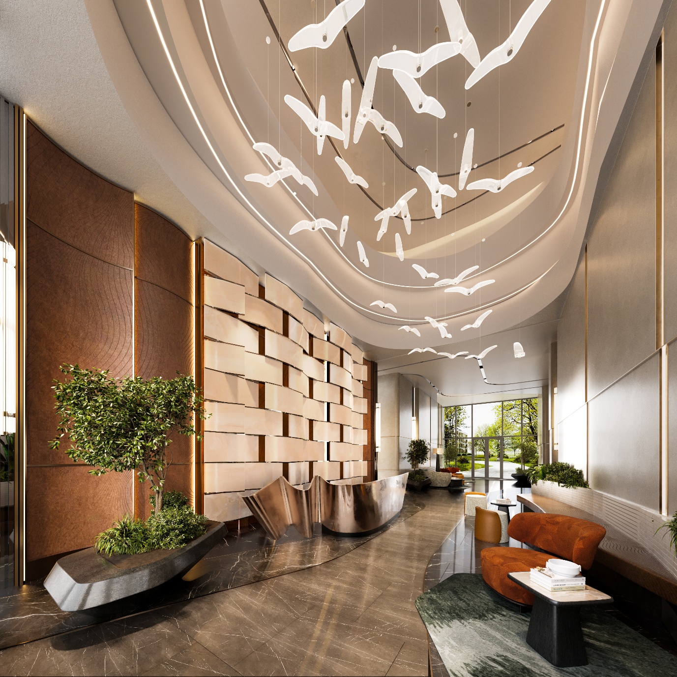 Sắp lộ diện căn hộ Nhật hiện đại bậc nhất tại tháp Orion – TT AVIO- Ảnh 2. A lobby with a large ceiling and a tree AI-generated content may be incorrect.