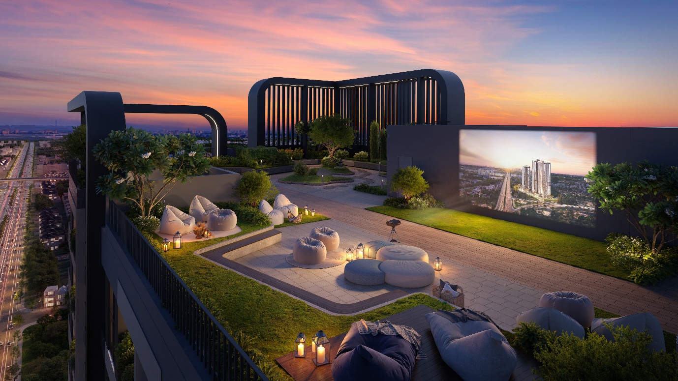 Sắp lộ diện căn hộ Nhật hiện đại bậc nhất tại tháp Orion – TT AVIO- Ảnh 3. A rooftop garden with a large screen AI-generated content may be incorrect.
