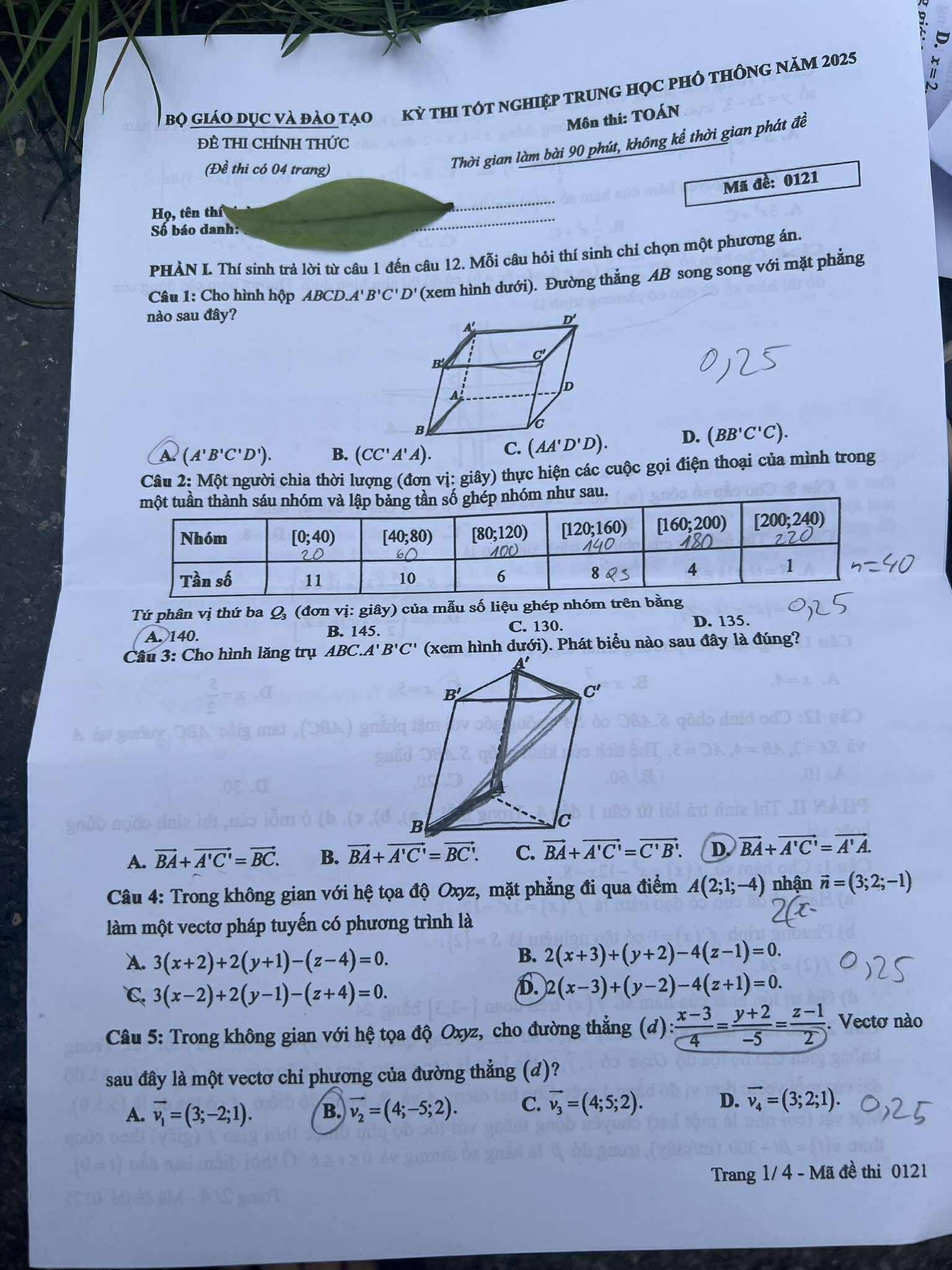 Đáp án môn Toán thi tốt nghiệp THPT 2025 mã đề 0121 nhanh nhất, đầy đủ nhất- Ảnh 1. Đáp án môn Toán thi tốt nghiệp THPT 2025 mã đề 0121 nhanh nhất, đầy đủ nhất- Ảnh 1.