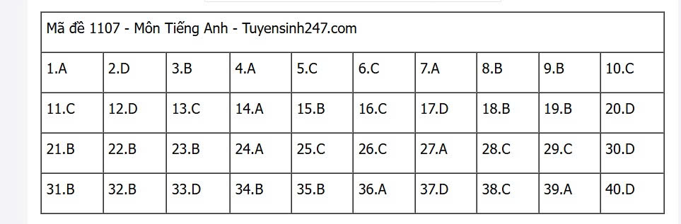 Đáp án môn tiếng Anh thi tốt nghiệp THPT 2025 mã đề 1107 nhanh nhất, đầy đủ nhất- Ảnh 1. Đáp án môn tiếng Anh thi tốt nghiệp THPT 2025 mã đề 1107 nhanh nhất, đầy đủ nhất- Ảnh 1.